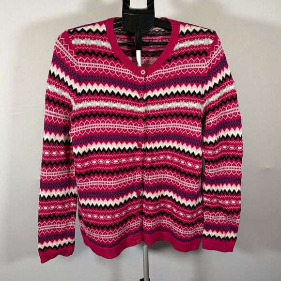 Talbots Sweaters - Talbots Petite XLP Pink Lambswool Blend Fair Isle Cardigan Cottage Ski Chic Prep